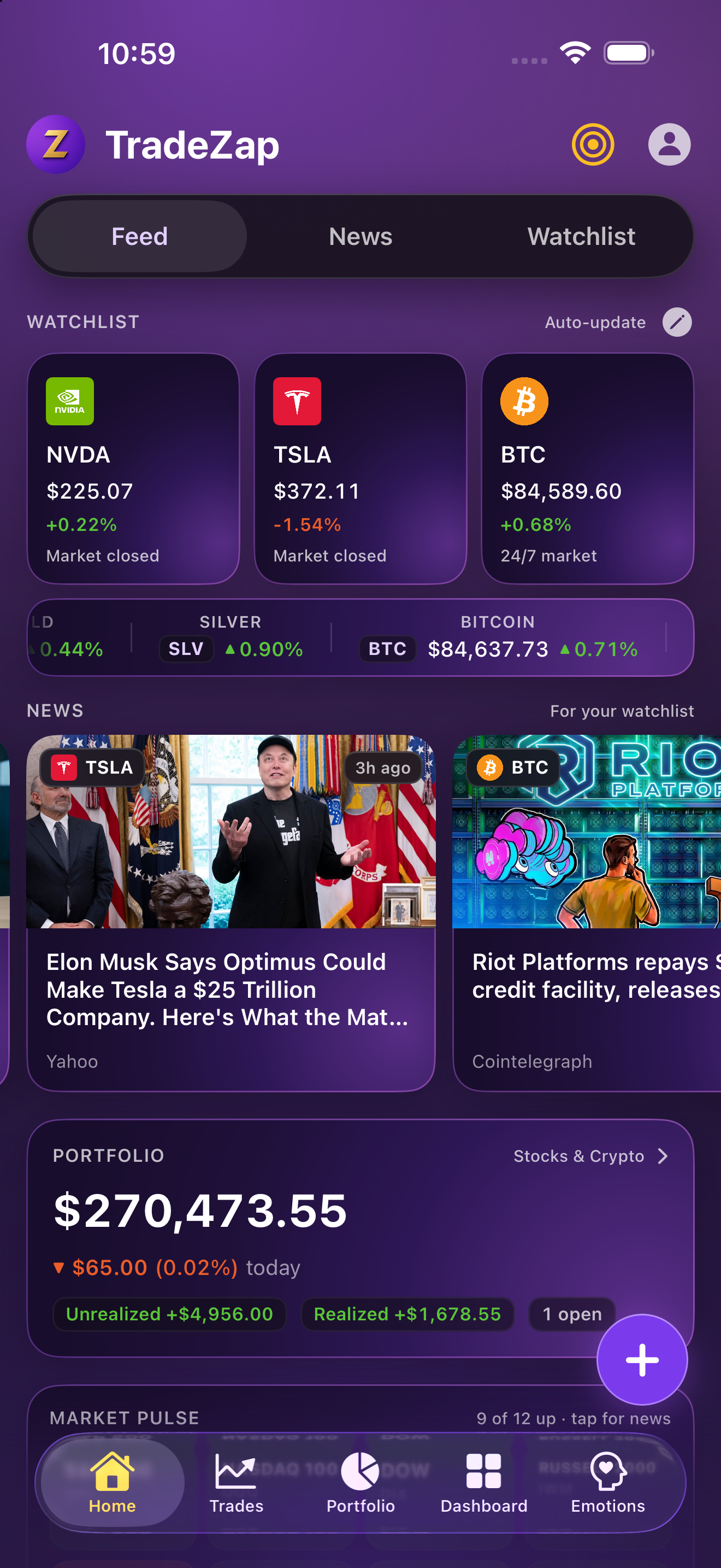 TradeZap home with market context, a watchlist, and portfolio overview