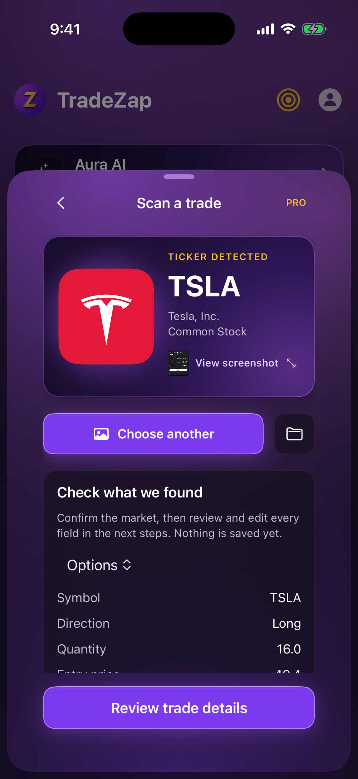 TradeZap Trade Scanner after reading a TSLA order screenshot, with the detected symbol, direction, and quantity ready to review